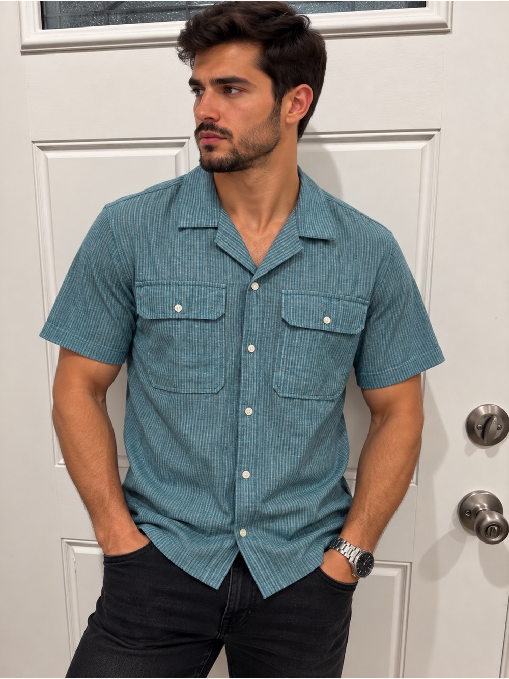 Michael Kors Teal Short-Sleeve Button-Down Camp Shirt